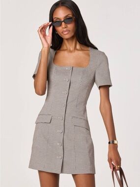 ASTR The Label Tailored Square-Neck Button Front Mini Dress in Taupe Houndstooth